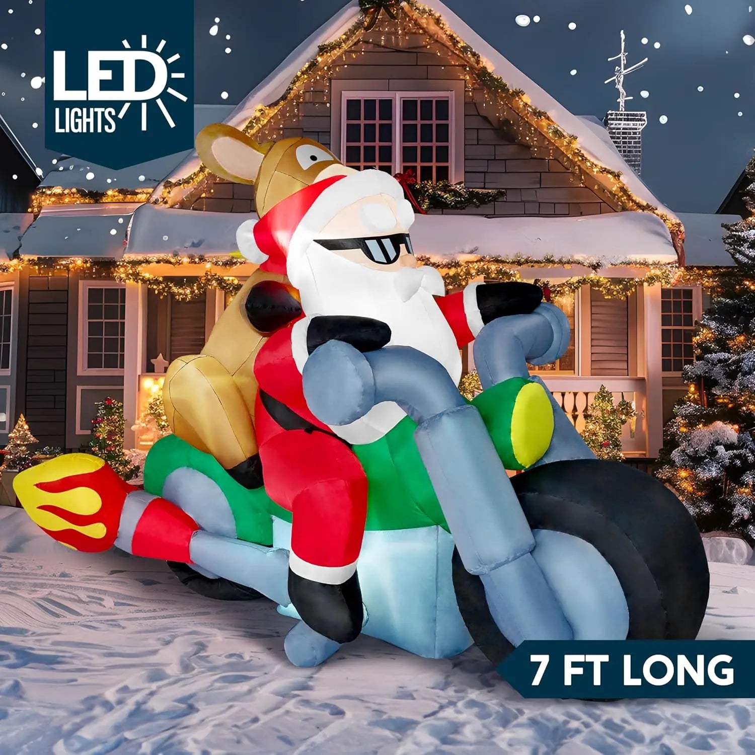 Santa Riding Motorcycle with Reindeer Christmas Inflatable