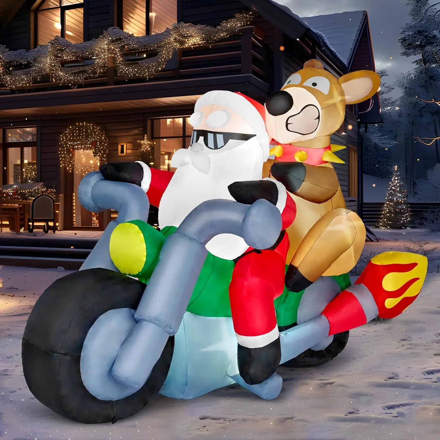 Santa Riding Motorcycle with Reindeer Christmas Inflatable